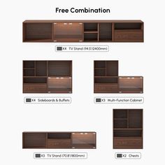 an image of a bookcase with three shelves and four drawers, labeled free combination