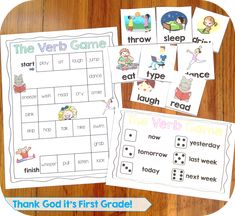 the verb game is shown with four different words and pictures for each word in it