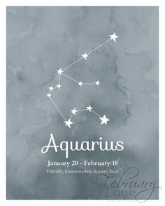 the zodiac sign aquarius is shown in white on a gray background with watercolor stains