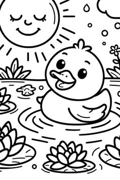 a black and white drawing of a rubber duck in the water with lily pads