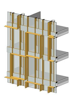 the side view of a tall building with multiple windows and wooden frames on each side