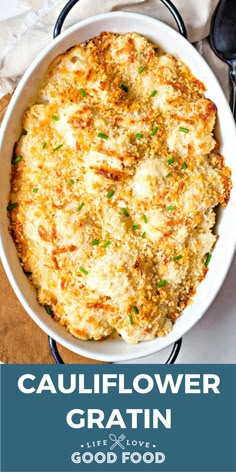 cauliflower gratin in a white casserole dish with text overlay