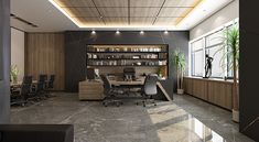 an office with black chairs and wooden shelves on the wall, along with a marble floor