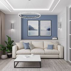 a living room with blue walls and white furniture