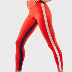 Bright Red High Waisted Leggings With White And Black Stripes Down The Sides. Will Make You Stand Out In The Gym For Sure. Never Worn, New With Tags Red Compression Full-length Activewear, Red High-waist Stretch Leggings, Red Full-length Athleisure Leggings, Red Full-length Sporty Leggings, Black Flared Leggings, Mesh Panel Leggings, Squat Proof Leggings, Blue Tights, Red 4-way Stretch Yoga Leggings