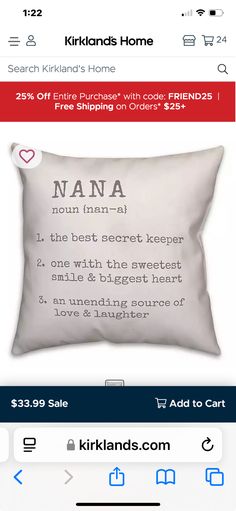 a pillow with the words nana on it and an image of a woman's name