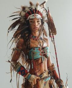 a woman in native american clothing with feathers on her head and two arrows around her neck