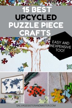 Use puzzle pieces to create these 15 creative and unique puzzle piece crafts!  Upcycle your old puzzles with simple and inexpensive craft projects.  Instead of throwing out those old puzzles with missing pieces, repurpose them with these DIY upcycled puzzle piece projects.  From home decor to wall art to diy jewelry, you will love these upcycled puzzle piece ideas! Puzzle Piece Ideas Projects, Diy Puzzle Piece Crafts Ideas, How To Use Old Puzzle Pieces, Jigsaw Puzzles Crafts, Jigsaw Art Projects, Diy Puzzle Gift Ideas, Puzzle Piece Projects, Puzzle Piece Jewelry Diy, Reuse Puzzle Pieces