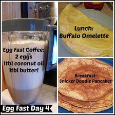 an egg fast coffee recipe is shown in this collage with breakfast pancakes and eggs