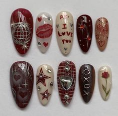 Red Nail Art, Hippie Nails, Grunge Nails, Red Nail Designs, Pretty Gel Nails, Really Cute Nails, Kawaii Nails, Press Ons, Arte Inspo