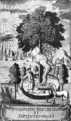 an old engraving shows people and animals in the woods, with sun shining over them