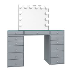 a vanity with drawers and a large mirror on the top, all in grey color