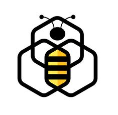 a black and yellow logo with a bee on it's back, in the middle of a hexagonal frame