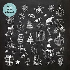 a chalkboard with christmas icons drawn on it and the number 31 below them in blue