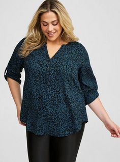 FIT Model is 5'9” wearing size 1. . Measures 30” from shoulder (size 2). . MATERIALS + CARE Washable Challis woven fabric: Your favorite easy-but-polished fabric. The lightweight, breathably soft fabric you love is, at last, wash, wear and go! . Stretch level: None. 82% rayon, 18% polyester. Machine wash cold. Tumble dry low. Imported. DETAILS Split neckline with button placket. 3/4 length. Roll tab sleeves. Two chest pockets. Shirttail hem. WHY WE LOVE ITVersatile and comfortable, this flatteri Blouse Images, Deep Black, At Last, Button Placket, Jeans Dress, Outerwear Jackets, Pullover Styling, Soft Fabric, Woven Fabric