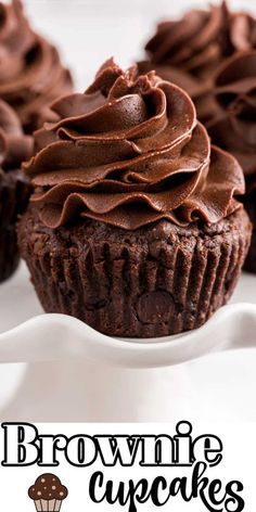 chocolate cupcakes on a white plate with the words brownie cupcakes