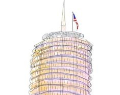 a drawing of a tall building with an american flag on top