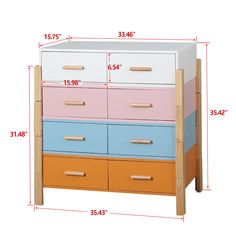 an image of a chest of drawers with measurements for each drawer and the top section