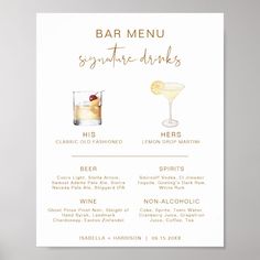 a menu for a cocktail bar with drinks on the side and gold foil lettering that says,