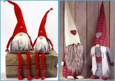 two gnomes sitting next to each other on top of a wooden box and one with long white hair