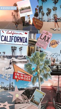 california collage with images of people and palm trees