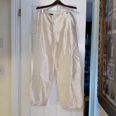 Worn Once! Armani Off White Shantung Silk Cocoon Trousers- Beautiful Pleating At Ankle. Perfect Shape! Classic Spring Wedding Bottoms, Classic Wedding Bottoms For Spring, Elegant Silk Wedding Bottoms, Elegant Ankle-length Pants For Wedding, Elegant Silk Trousers Pantsuit, Elegant Silk Pantsuit With Trousers, White Silk Long Pants, Elegant Silk Pantsuit, Silk Tapered Leg Bottoms For Evening