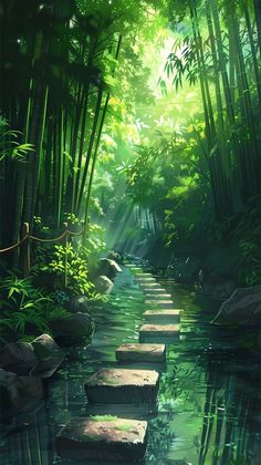 a painting of stepping stones in the middle of a river surrounded by bamboo trees and greenery