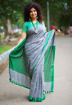 ******ZARAH******* Visit us at https://www.facebook.com/zarahclothing/ ********************************************************** Gray Saree With Pallu, Traditional Linen Handloom Saree, Bengal Cotton Sarees, Cotton Sarees Handloom, Formal Saree, Sari Design, Khadi Saree, Saree Blouse Designs Latest