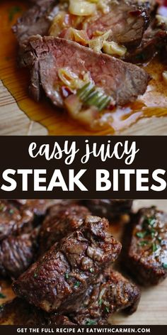 easy juicy steak bites recipe on a cutting board with text overlay that says easy juicy steak bites