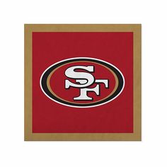 the san franciscos logo on a red and gold square shaped wall hanging in a wooden frame