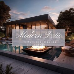 modern patio virtual background with fire pit