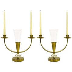 Pair of patinated brass double arm candelabra with cut crystal spacers and leaded crystal fluted center petite vase. Bobeche and striated candle cups are similar to Tommi Parzinger designs for Dorlyn. Crystal Candelabra, Crystal Ship, Candle Cups, Candle Cup, Lead Crystal, Candle Sconces, Decorative Objects, Candle Holders, Wall Lights