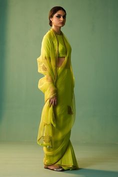 Lime green habutai silk and organza saree with dori, marori and zardosi hand embroidery. - Aza Fashions Transitional Green Saree With Sheer Dupatta, Designer Pista Green Pre-draped Cotton Silk Saree, Elegant Green Pre-draped Saree With Gota Work, Pista Green Cotton Silk Pre-draped Saree With Cutdana, Green Art Silk Blouse Piece With Gota Work, Green Cotton Silk Lehenga With Sheer Dupatta, Elegant Pista Green Saree With Gota Work, Green Tissue Silk Blouse Piece With Gota Work, Elegant Green Saree With Gota Work