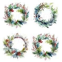 four watercolor christmas wreaths with holly berries and pine cones