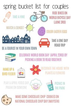 the spring bucket list for couples is shown in this graphic style, with text and pictures