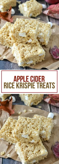 homemade apple cider rice krispie treats on parchment paper with the title above it