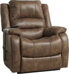 a brown reclining chair with a remote control on the armrests and foot rest