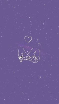 two hands holding each other in the middle of a purple sky with stars and hearts