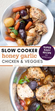 the cover of slow cooker honey garlic chicken and veggies