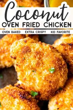 close up view of coconut oven fried chicken on a baking sheet with extra crispy kid favorite