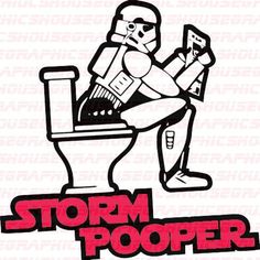 a sticker that says storm pooper on the back of a person sitting on a toilet