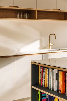 a kitchen with bookshelves, sink and cabinets