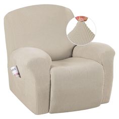 a beige recliner chair with the cover pulled up to show it's back