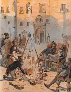 an illustration of people sitting around a campfire