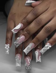 Nail Inspo White And Silver, Bling Nails Birthday, White Sets Nails, Gold And Milky White Nails, Nail Inspiration Long Square, Cute Extra Nails, Birthday Nail Set Ideas Sweet 16, Cute Birthday Nails Acrylic, 19th Birthday Nails Ideas