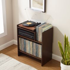 a record player sitting on top of a wooden shelf next to a potted plant