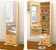 two pictures of the inside of a dressing table with drawers and shelves on each side