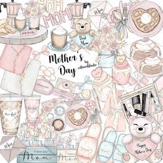 mother's day greeting card with teddy bear, flowers and other items in pastel colors