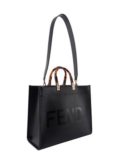 100% Calf Leather | Fendi Women's Sunshine Tote Bag in Black | FW23/24 Luxury Box Bag With Leather Handles For Errands, Luxury Leather Satchel For Errands, Luxury Bags With Leather Double Handles, Luxury Double Handle Bags With Leather Handles, Leather Bag With Top Carry Handle For Errands, Black Box Bag With Leather Handles For Errands, Fendi Sunshine, Marni Bag, Stella Mccartney Bag