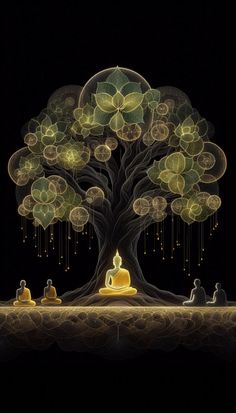 buddhas sitting under a tree in the dark